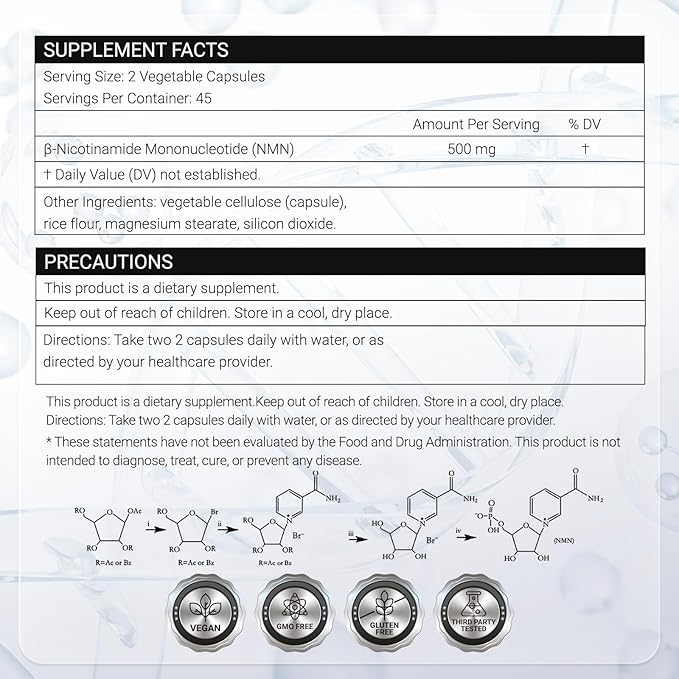 NMN Supplement 500mg - 99% Pure NMN Supplement Capsules for Increased NAD Levels & Healthy Aging - Third Party Tested Stabilized Capsules, cGMP Certified, 90 Liposomal NMN (45 Servings)