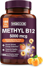 Vitamin B12 Sublingual, Methylcobalamin 5000mcg for Energy Production, Energy, Nerve & Cell Support, Natural Peach Flavor, Vegan, Zero Sugar, 180 Fast Dissolve Tablets
