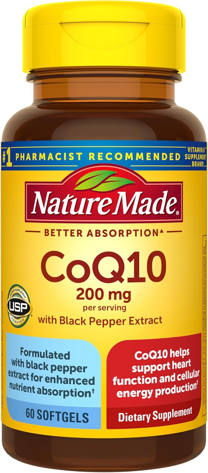 Nature Made CoQ10 200mg per Serving with Black Pepper Extract for Enhanced Nutrient Absorption, CoQ10 Supplement for Heart Health Support, 60 Softgels, 30 Day Supply