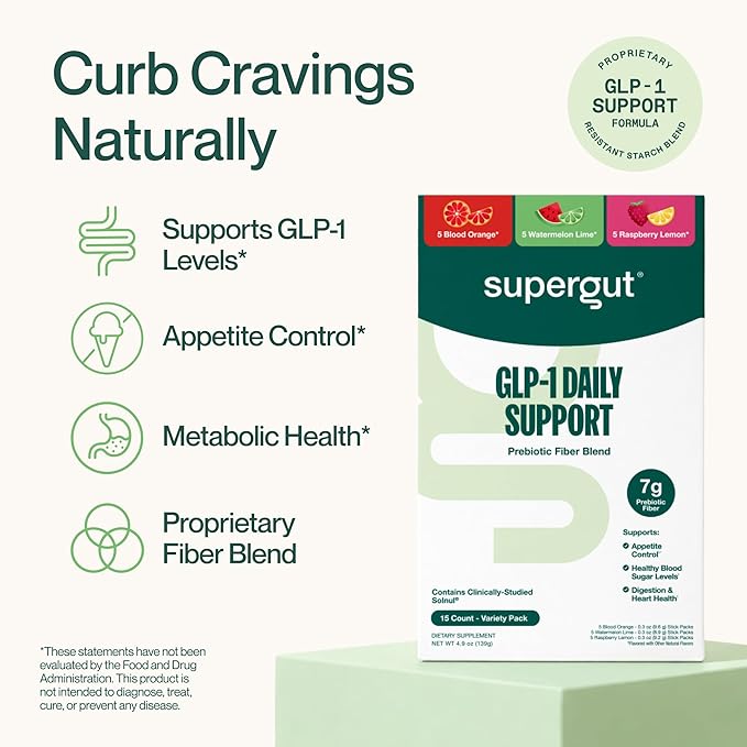 Supergut GLP1 Daily Support, Variety Pack - High Fiber GLP-1 Supplement Powder for Women & Men - Sugar-Free Drink Mix for Gut Health & Digestive Support (15 Servings)