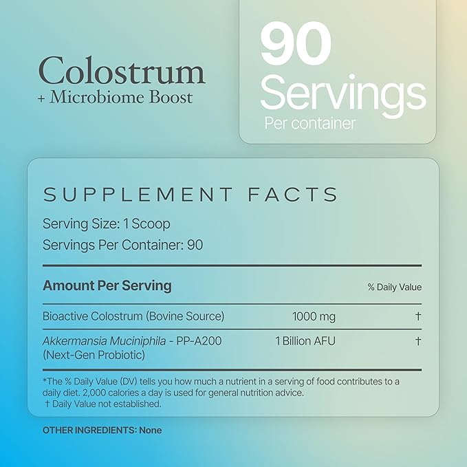 Colostrum Powder | Grass-Fed Bovine Colostrum with Akkermansia Probiotic 1B AFU | Microbiome & Gut Support | High IgG Advanced Formula | 90 Servings