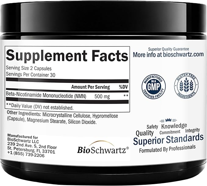 BioSchwartz NMN Supplement - 500mg Nicotinamide Mononucleotide - 30 Servings, 60 Capsules - Made in The USA with Premium Globally Sourced Ingredients, Third-Party Tested, Gluten-Free NMN Supplement