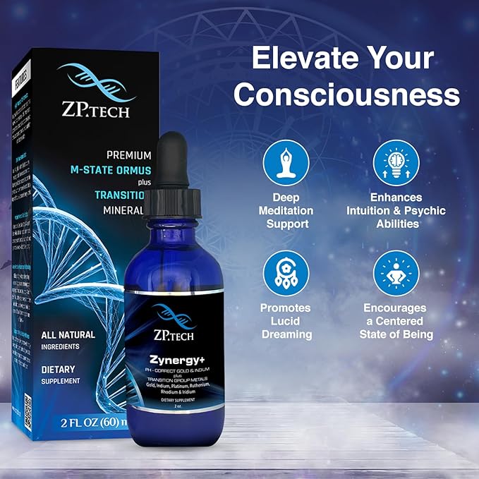 Zynergy Plus Colloidal Gold Liquid | All Natural, Pure Monoatomic 24k Food Grade Mineral Au & Indium | Ormus Gold Oil Supports Pineal Gland, Anti-Aging, Meditation, Yoga, Third Eye