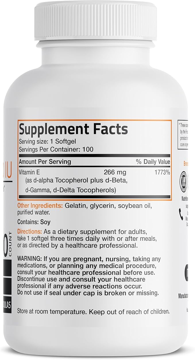 Bronson Vitamin E Complex 400 I.U. Supplement (d-Alpha Tocopherol Plus d-Beta, d-Gamma, & d-Delta Tocopherols), Antioxidant, 100 Softgels