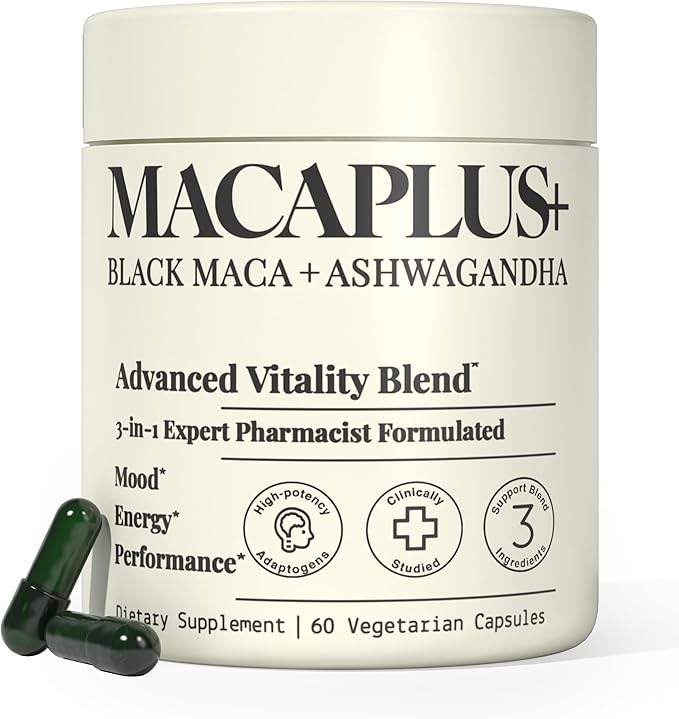 3-in-1 Organic Black Maca Root for Men and Women with Ashwagandha and Fenugreek - 1600 mg Complex - Non-GMO, Gluten-Free, Vegan (60 Capsules)