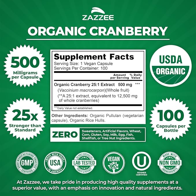 Zazzee USDA Organic Cranberry 25:1 Extract, 500 mg per Capsule, 100 Vegan Capsules, 3+ Month Supply, Certified Kosher, Vaccinium Macrocarpon, Urinary Tract & Bladder Support, Non-GMO, Made in the USA
