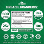 Zazzee USDA Organic Cranberry 25:1 Extract, 500 mg per Capsule, 100 Vegan Capsules, 3+ Month Supply, Certified Kosher, Vaccinium Macrocarpon, Urinary Tract & Bladder Support, Non-GMO, Made in the USA