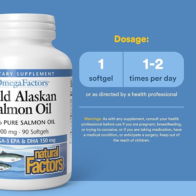 Omega Factors by Natural Factors, Wild Alaskan Salmon Oil, Supports Heart and Brain Health with Omega-3 DHA and EPA, 90 Softgels