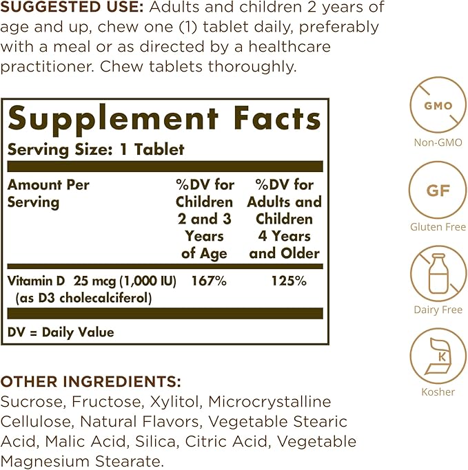 Solgar Vitamin D3 (Cholecalciferol) 25 mcg (1000 IU), Natural Strawberry Banana Swirl - 100 Chewable Tablets - Non-GMO, Kosher - 100 Servings (Pack of 2)