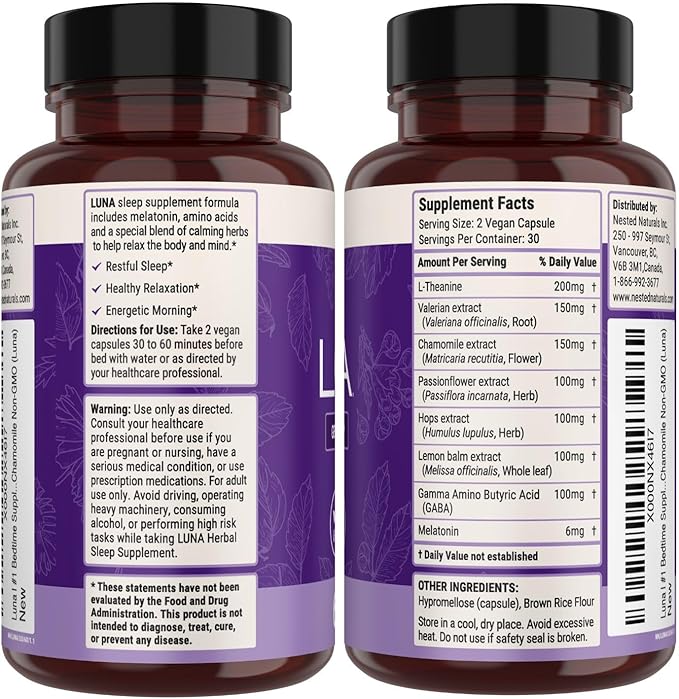 Nested Naturals Luna Sleep Aid - Non-Habit Forming Natural Sleeping Pills for Adults with Naturally Sourced Ingredients - Valerian Root, Melatonin, Chamomile, Lemon Balm, and More - 60 Vegan Capsules