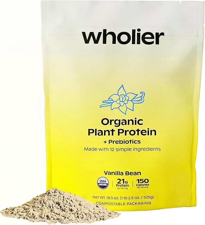 wholier Organic Plant Protein + Prebiotics. Clean Vegan Protein. 21g of Protein. 12 Real Plant Ingredients. Prebiotic Fiber. No Natural Flavors, Gums or Fillers. Vanilla Bean (1 lb. 3 oz.)