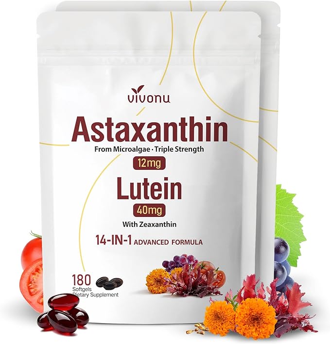 14-in-1 Astaxanthin 12mg & Lutein 40mg with Zeaxanthin Supplements, 12 Month Supply, Fresh Microalgae Source, Supports Eye, Skin, Antioxidant, Joint, Circulatory Health, Non-GMO, Gluten Free, 2 Bag