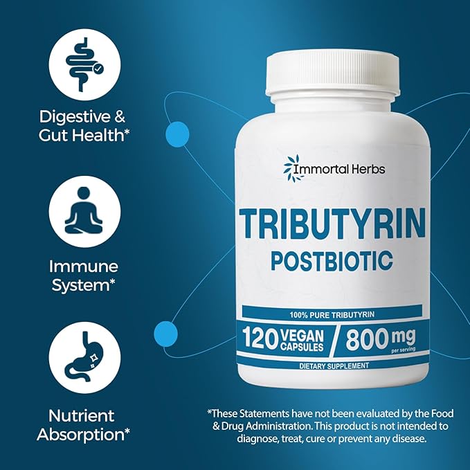 Tributyrin Supplement 800mg, Advanced Butyrate Form, 55% Standardized, More Effective Delivery Than Sodium Butyrate, 120 Capsules, Non-GMO & Gluten Free Postbiotic Supplement