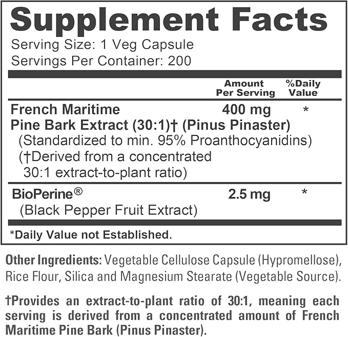 NusaPure French Maritime Pine Bark Capsules, 400 mg, 200 Veg Capsules (Non-GMO, Vegan)