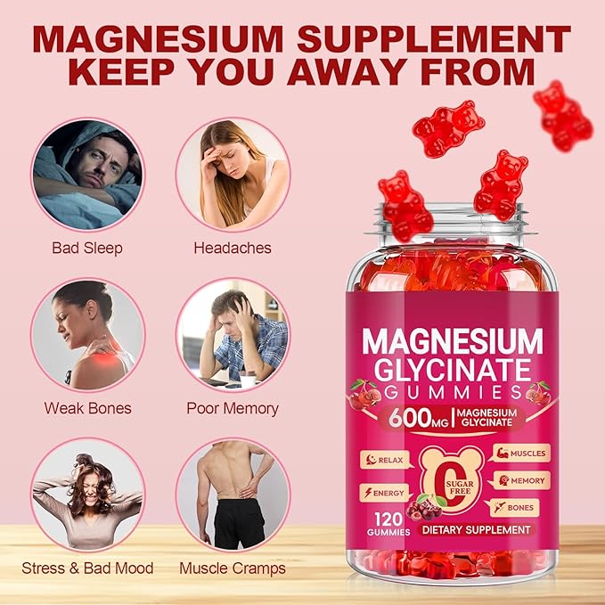 Magnesium Glycinate Gummies 600mg for Women and Men, High Absorption Magnesium Glycinate with Vitamin D, B6, and CoQ10 for Calm Support & Sleep, Sugar Free, Vegan, 120 Count