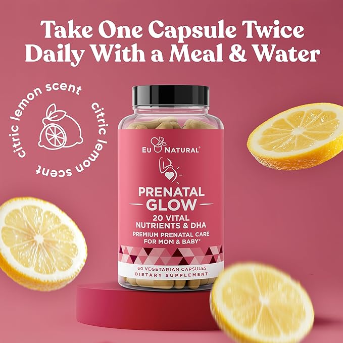 Eu Natural Glow Prenatal Vitamins for Women - 20-in-1 Prenatal Multivitamin with Folate & Vegan DHA - Supports Healthy Pregnancy, Fetal Development & Mom’s Comfort - 120 Vegetarian Capsules