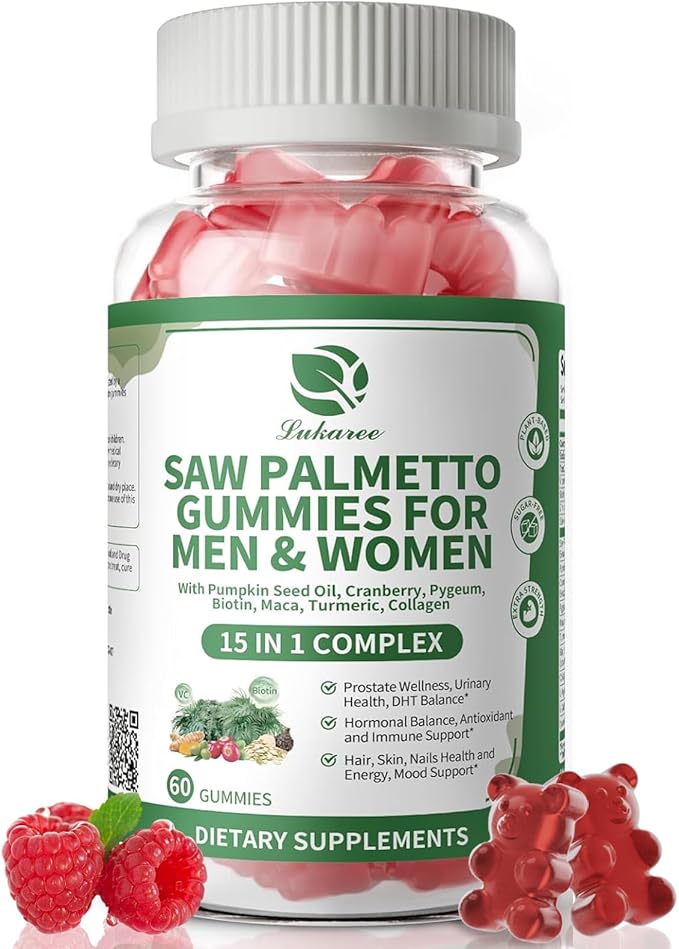 Lukaree Saw Palmetto for Men & Women, 15 in 1 Saw Palmetto Extract Gummies with Pumpkin Seed Oil, Prostate Health Supplements for Men, Advanced DHT Blocker, Hair & Urinary Health Support, 60 CT