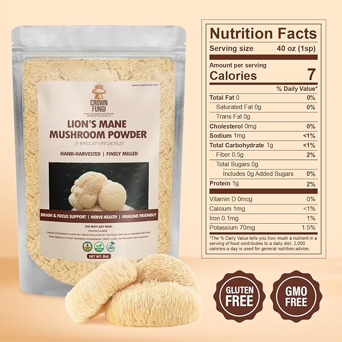 Lions Mane Mushroom Powder, 8oz Pack of Lion's Mane Powder, Organic Powder for Brain, Focus and Memory, High Potency Formula to Support Immunity, for Mental Clarity, Energy and Mood