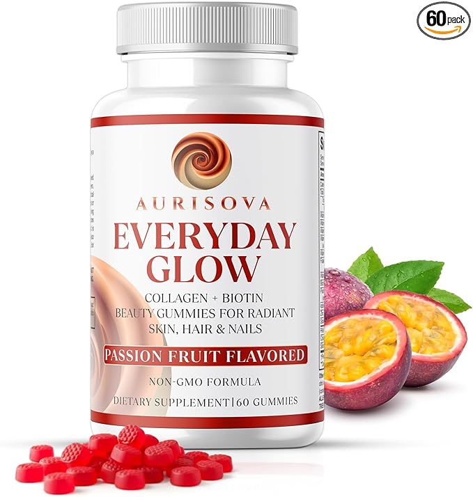 Everyday Glow Biotin 6000mcg & Marine Collagen Gummies | Advanced Dietary Supplement for Hair Skin and Nails Vitamins with B-Complex, Zinc, Vitamin C & E | Passion Fruit, Non-GMO, 60ct