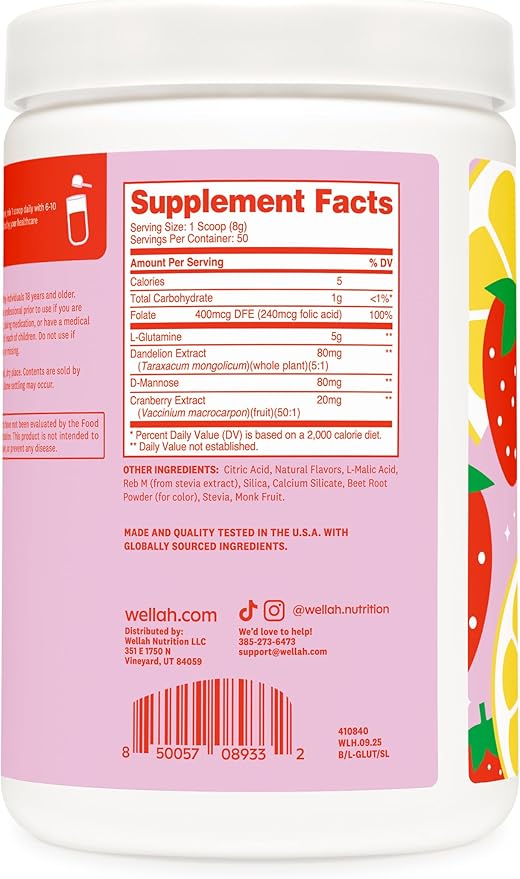Wellah L-Glutamine Strawberry Lemonade Flavored (50 Servings) - 5g L-Glutamine Per Serving, Sweetened with Stevia