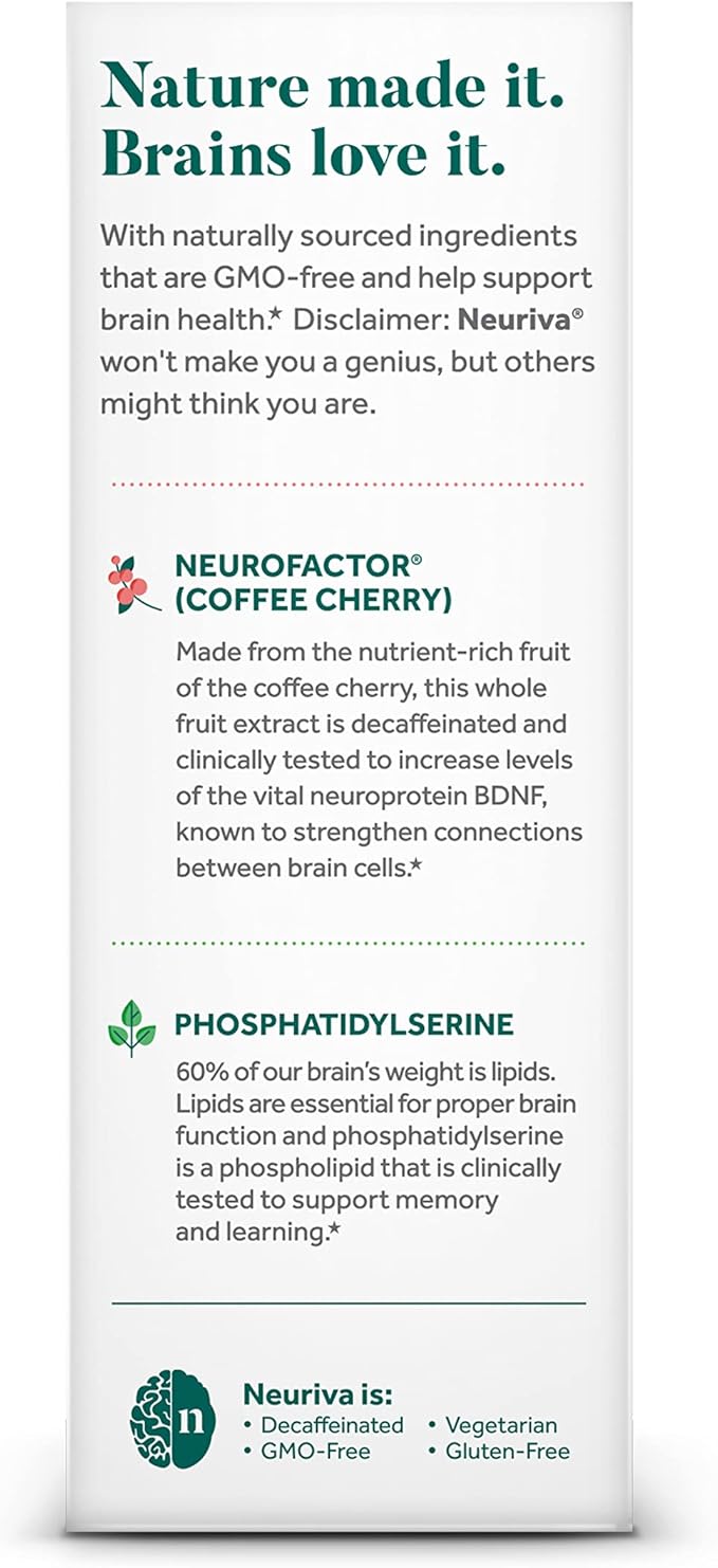 NEURIVA Original Decaffeinated Clinically Tested Nootropic Brain Supplement for Memory,Focus & Concentration,NeuroFactor & Phosphatidylserine,28ct Capsules,(Pack of 2)