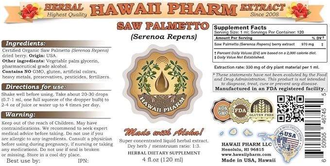 Hawaii Pharm Saw Palmetto (Serenoa Repens) Liquid Extract 4x4 fl.oz