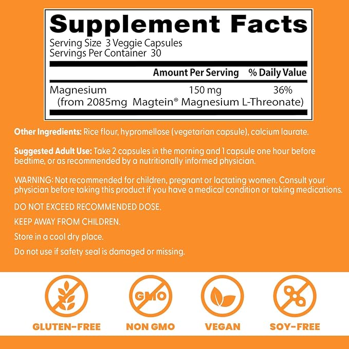 Doctor's Best L-Threonate Supplement - Magtein Magnesium L Threonate Capsules, Memory & Focus Support for Women & Men, 150 mg Per Serving, Vegan, Gluten Free - 90 Veggie Caps