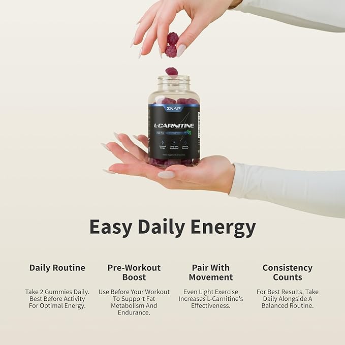 Snap Supplements L-Carnitine Tartrate Sugar Free Gummies 500mg, Amino Acid Supplement for Healthy Exercise Recovery, Metabolism, & Energy*, 60 Vegan Gummies, Blueberry (30 Day Supply)