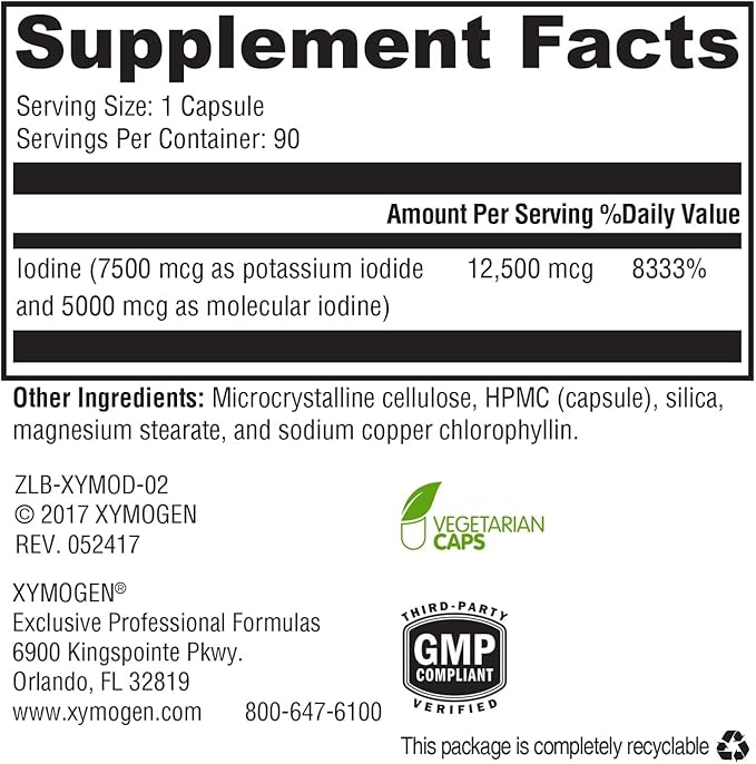 XYMOGEN XymoDine - Iodine Supplement for Thyroid & Hormone Synthesis Support - Potassium Iodide Mineral Formula - Vegetarian Capsules - 90 Capsules