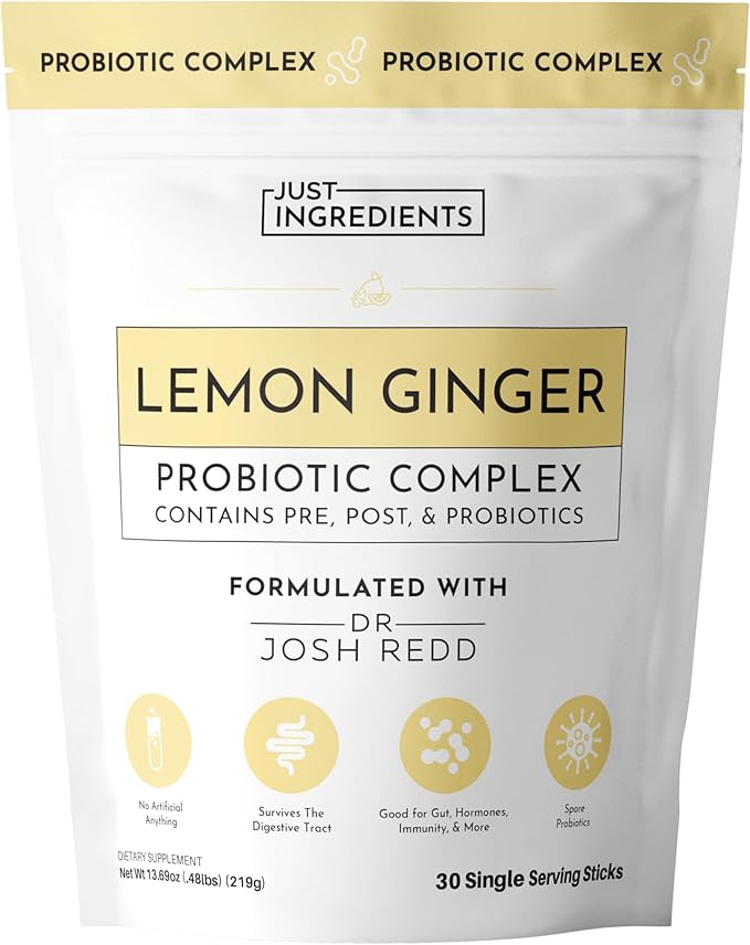 JUST INGREDIENTS Lemon Ginger Probiotic Complex - Prebiotics, Probiotics, Postbiotics - 30 Sticks