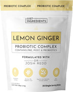 JUST INGREDIENTS Lemon Ginger Probiotic Complex - Prebiotics, Probiotics, Postbiotics - 30 Sticks
