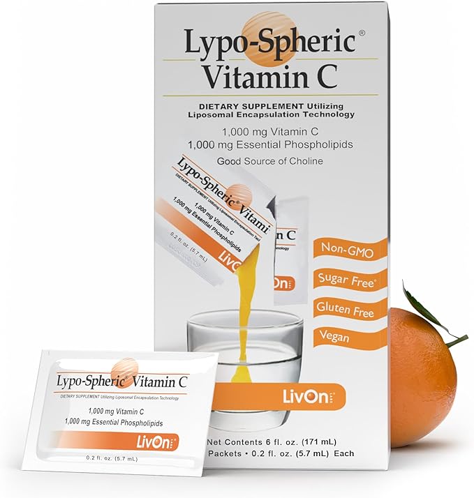 LivOn Laboratories Lypo–Spheric Vitamin C, 1000 mg Vitamin C & 1000 mg Essential Phospholipids Per Packet, Liposome Encapsulated for Improved Absorption, 100% Non–GMO, 1 Carton, 0.2 Fl Oz (Pack of 30)