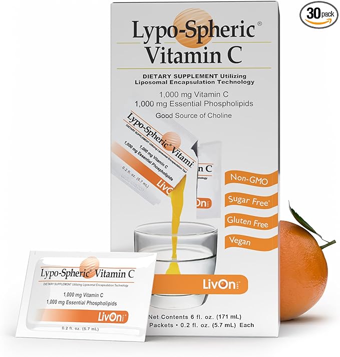 LivOn Laboratories Lypo–Spheric Liposomal Vitamin C 1000mg - No Sugar, Immune Support, Plant Based - Easy to Swallow, Absorbable - Non–GMO, Gluten Free (0.2 fl oz Individual 30 Packets)