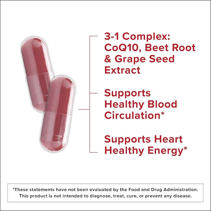 Qunol Blood Pressure Support, 3 in 1 Beets + CoQ10 + Grape Seed Extract, Beet Root Capsules that Supports Healthy Blood Circulation & Heart Healthy Energy, 60 Count (Pack of 1)