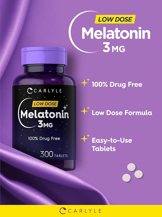 Carlyle Melatonin 3mg Tablets | 300 Count | Low Dose and Drug Free | Vegetarian, Non-GMO, Gluten Free Supplement