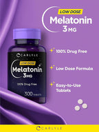 Carlyle Melatonin 3mg Tablets | 300 Count | Low Dose and Drug Free | Vegetarian, Non-GMO, Gluten Free Supplement