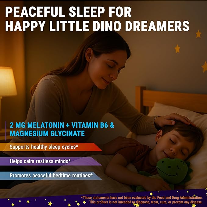 New Elements Melatonin Gummies Kids 2mg with Magnesium Glycinate & Vitamin B6 | Sleep Gummies for Kids | Dinosaur-Shaped Sleep Support | Natural Grape Flavor | Sugar Free | Non-GMO | Gluten Free