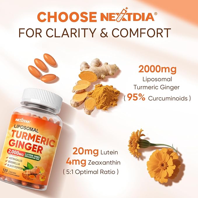 Liposomal Turmeric Ginger Curcumin Complex Supplement Pills, 2000mg Organic Turmeric Root with Black Pepper, Lutein and Zeaxanthin Supplements Liquid Softgels, 95% Curcuminoids, Non-GMO, 240ct