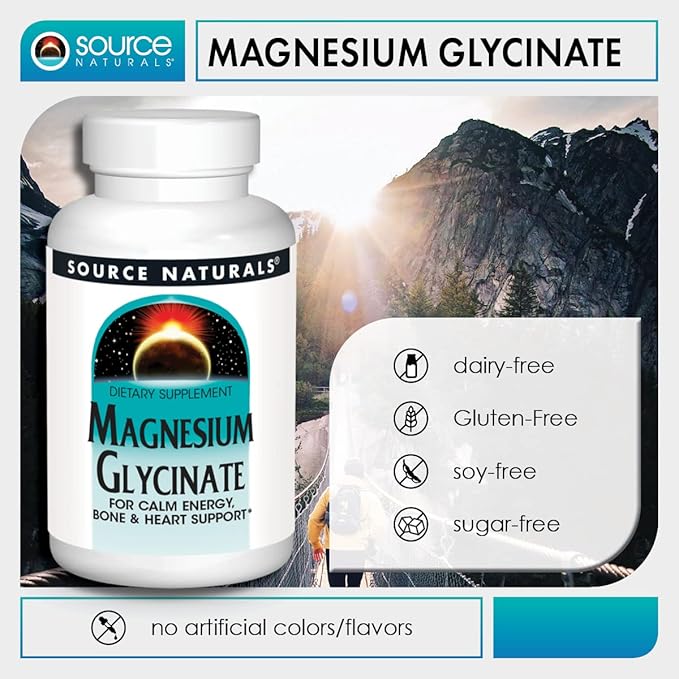 Source Naturals Magnesium Glycinate, Chelated for high Absorption | for Calm Energy, Bone & Heart Support*, 200 mg per Serving - 180 Tablets