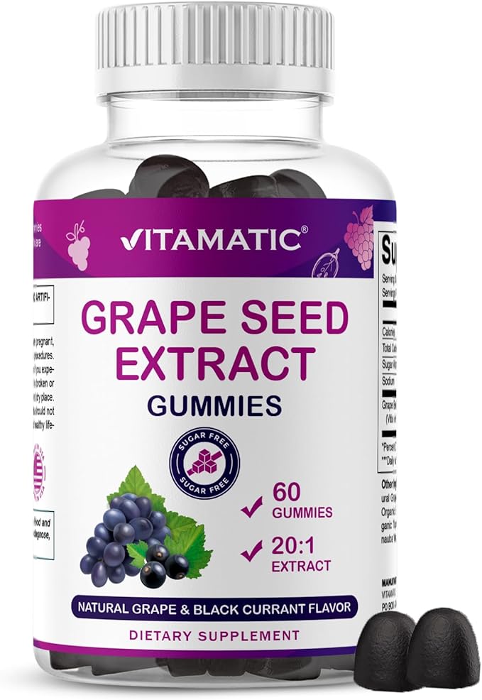 Vitamatic Grape Seed Extract Gummies – Plant-Based Botanical Extract – Natural Grape & Black Currant Flavor – Vegan, Non-GMO – Herbal Supplement – 60 Gummies
