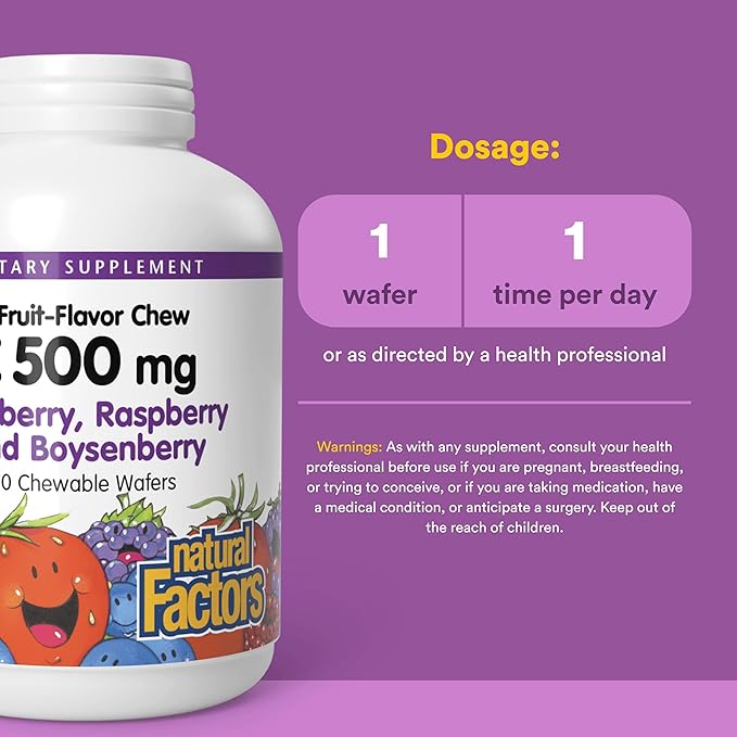 Natural Factors, Kids Chewable Vitamin C 500 mg, Supports Immune Health, Bones, Teeth and Gums, Blueberry, Raspberry and Boysenberry, 90 Count (Pack of 1)