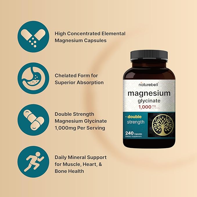NatureBell Magnesium Glycinate 1,000mg, 240 Capsules | 500mg per Capsule | 100% Chelated & Purified | Sleep, Muscle & Nerve Support | Non-GMO, Gluten-Free