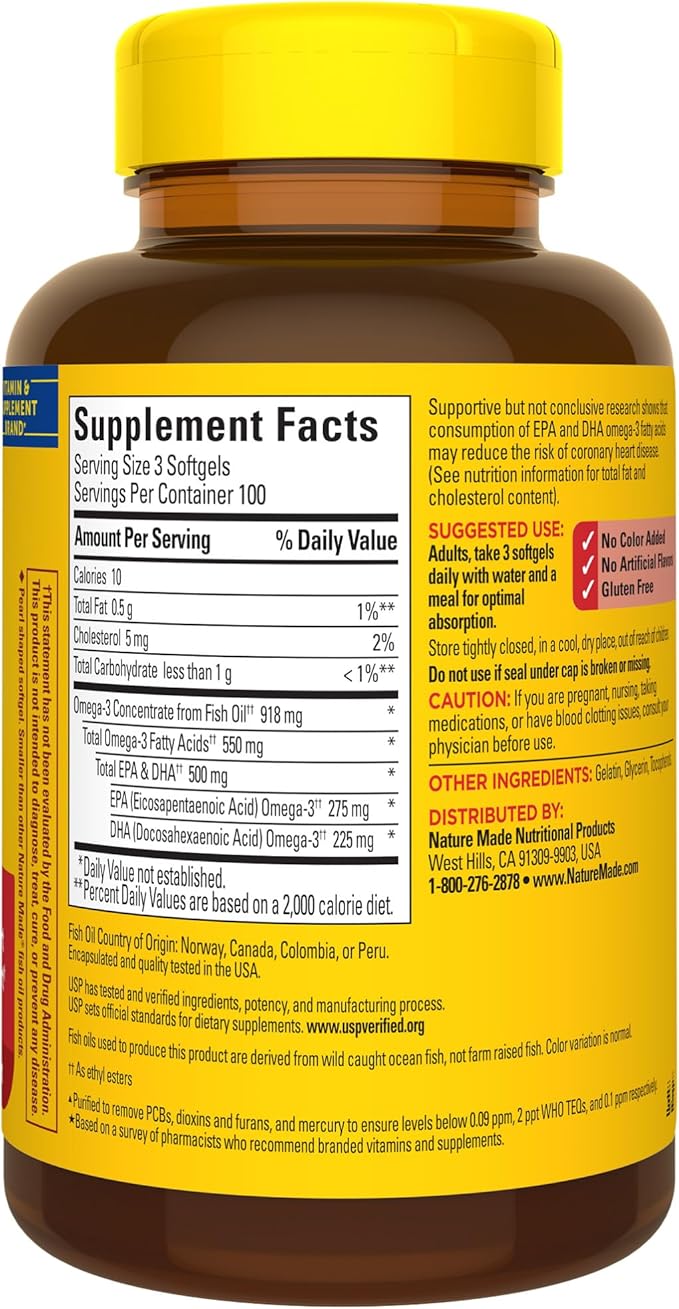 Nature Made Omega 3 Fish Oil Supplements,550mg Per Serving,Fish Oil Omega 3 Supplements as Ethyl Esters for Healthy Heart Support,300 Softgels,100 Day Supply,(Pack of 2)