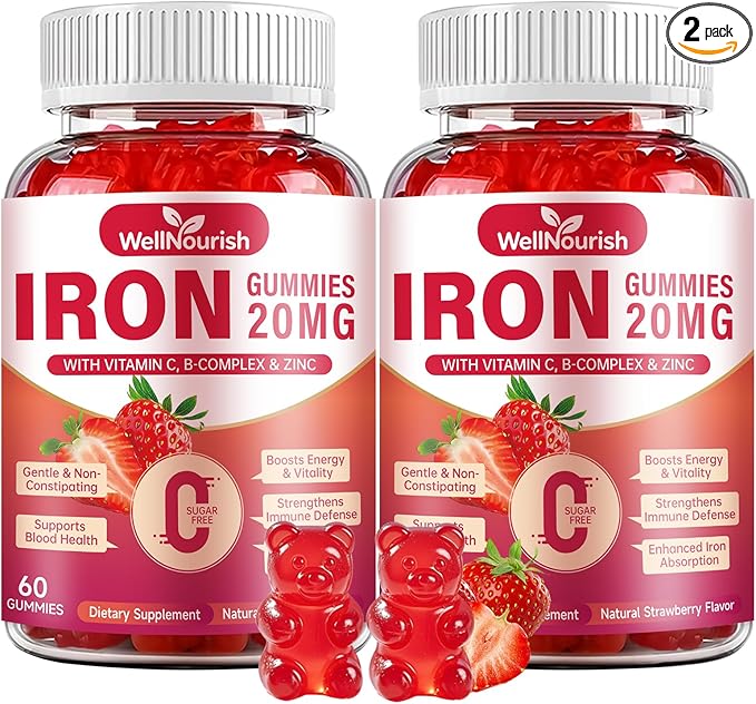2 Pack Iron Gummies for Women & Kids, Sugar Free with Vitamin C, 20mg Gentle Iron for Whole Family, Non-Constipating, Blood Builder B12 & Folate, Energy Support, Strawberry 120 Count
