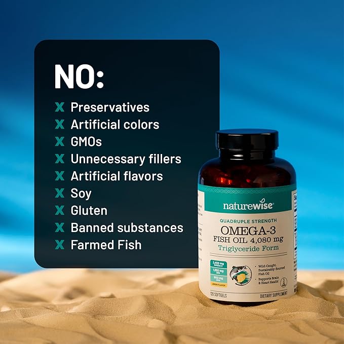NatureWise Quadruple Strength Omega 3 Fish Oil 4080mg- Natural TG Form + Wild Caught - 2450mg Omega 3 + 1350mg EPA 900mg DHA - Burpless - Non-GMO & USA Manufactured - 120 Softgels[40 Day Supply]