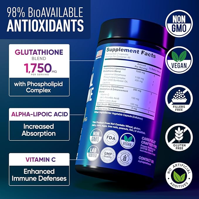 Liposomal Glutathione Supplement 1000MG + 750MG- Glutathione Liposomal with VIT C + Phospholipid Antioxidant Complex - Liver Detox and Immune Support Supplement - 120 Caps - Powder&Liquid Alternative