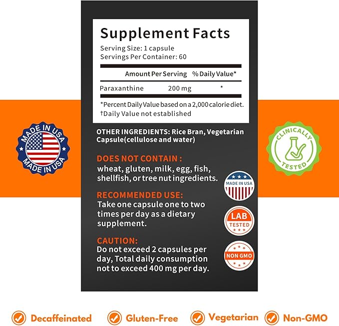 Paraxanthine Supplement – Clean, Crash-Free Energy for Focus, Cognitive Function, Exercise | Paraxanthine Beyond Caffeine | 60 Capsules
