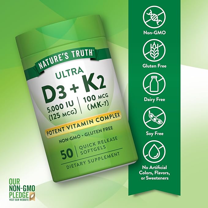 Nature's Truth Vitamin K2 MK7 Complex | 100 mcg | 50 Softgels | with D3 | Non-GMO & Gluten Free Supplement