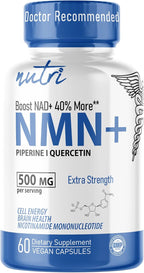 NMN Supplement 500mg NAD Supplement - Nutri Ultra High Absorption Stabilized NMN Nicotinamide Mononucleotide, 40% More NAD+ with Quercetin Phytosome & Black Pepper - mnm supplement (60 Capsules)