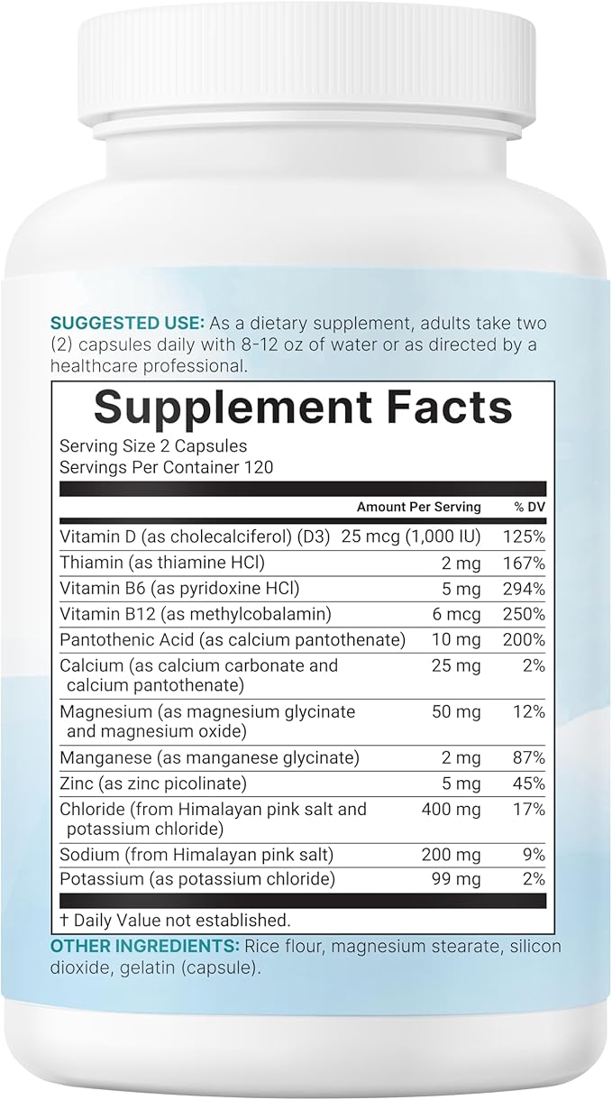 Advanced Electrolyte Complex Capsules for Hydration, 240 Count – Salt Pills with Himalayan Pink Salt, Sodium, Potassium & Magnesium – Sugar Free Electrolyte Tablets with Vitamin D3 & B1, Zinc